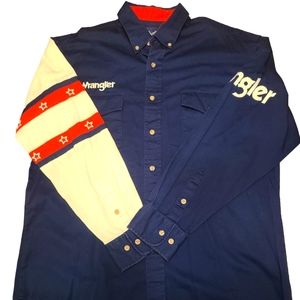 VTG Wrangler Western Shirt Mens Size L American Flag Red White Blue Button Down